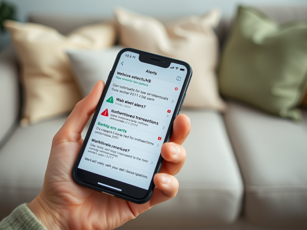 Телефон в руке показывает уведомления об опасных и неавторизованных транзакциях. На фоне диван с подушками.